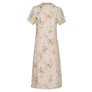 高端苎麻印花连衣裙女夏薄款中式复古改良年轻款旗袍裙日常小个子