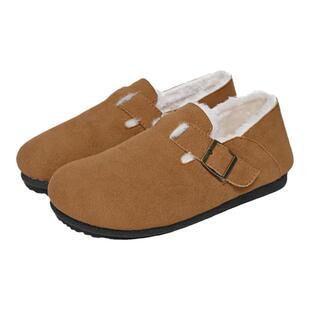 全包勃肯鞋女2025秋冬季加绒厚底黑色博肯棉鞋豆豆鞋一脚蹬毛毛鞋