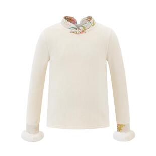 Little Naive女童中式提花打底衫冬季旗袍领上衣儿童百搭加绒t恤