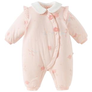 戴维贝拉新生儿A类连体衣女宝夹棉爬服2026冬装新年婴儿国风哈衣