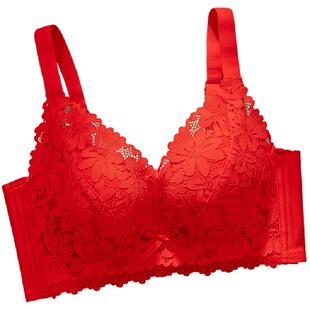 大红色本命年内衣女小胸聚拢加厚款性感蕾丝无钢圈乳胶调整型文胸