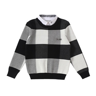 男童假两件毛衣黑白格针织衫宝宝新年毛衣潮儿童中大童装拜年打底