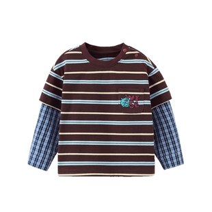 [春款首发学院风]齐齐熊宝宝t恤长袖春款男童假两件上衣条纹儿童