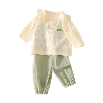 婴儿纱布套装夏季薄款宝宝家居服长袖双层纯棉上衣裤子儿童空调服