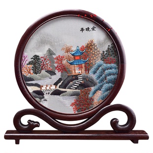 湘绣手工刺绣屏风鸡翅木摆件办公摆台中式风送老外国风乔迁礼品