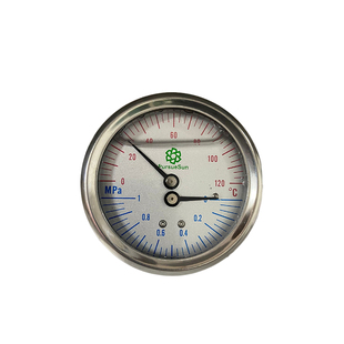 轴向不锈钢耐震温度压力一体表0-1mpa温度0-120°C 1/4充油温压表
