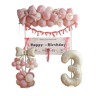 女童一周岁生日场景布置装饰气球女孩6岁儿童蛋糕KT板仪式感道具3