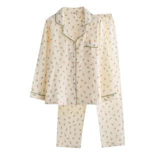 甜美小碎花睡衣女士春夏季纯棉纱布薄款宽松长袖长裤家居服套装