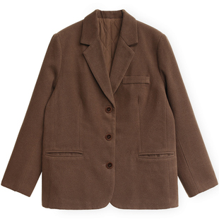 花吉A665咖色复古秋冬内里绗棉毛呢西装棉服外套女韩版宽松2025年