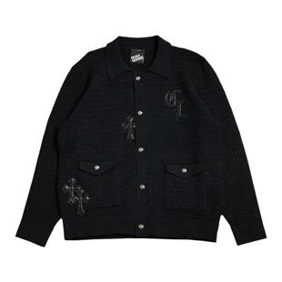 菠萝格粗毛线衣刺绣金属纽铭牌纽扣针织衫男女宽松保暖十字架外套