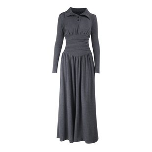 GirlsAt18 灰色复古polo领长袖连衣裙女秋冬气质褶皱收腰A字长裙