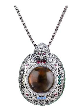 西藏式S925银三不合智慧嘎乌盒八吉祥大鹏鸟文殊智慧吊坠项链挂件