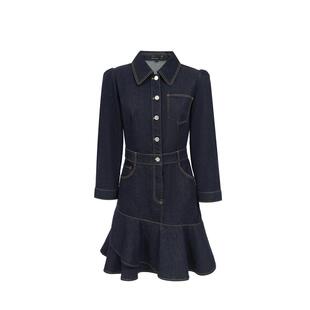 绫致Vero Moda连衣裙25秋冬新含棉翻领收腰撞色明线七分袖牛仔裙