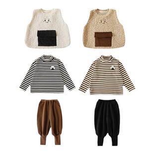 幼悠 男童冬季毛绒马甲加厚保暖儿童撞色条纹半高领T恤休闲套装潮