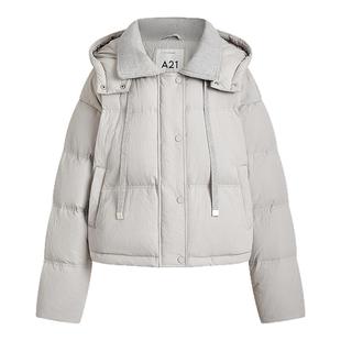 A21女装梭织宽松可拆帽落肩开襟厚短羽绒服冬季保暖厚羽绒外套