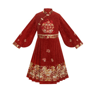 十三余童装【白马嘉岁】织金圆领袄改良马面连衣裙红色拜年服冬季