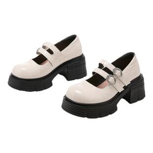 星期六玛丽珍鞋女2025新款法式复古粗跟单鞋一字带厚底小皮鞋百搭