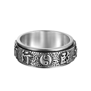 旋转纯银九字真言戒指男女款复古时尚个性手工精雕闭口指环可刻字