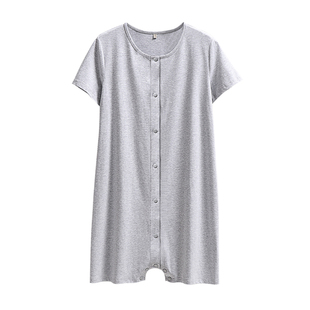成人开裆连体睡衣纯色棉女宽松短袖居家服按扣夏