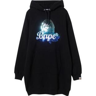 BAPE女装春夏亮片猿人3D图案渐变撞色潮流连帽卫衣裙235509E