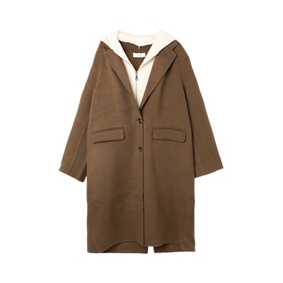 西町村屋假两件连帽羊毛大衣女