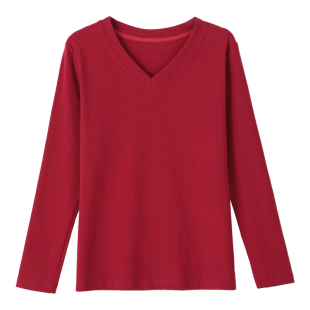 春秋新款V领长袖t恤女纯棉正肩休闲打底衫外穿宽松洋气鸡心领上衣