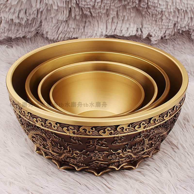 22cm双龙聚宝盆纯铜摆件家用二龙戏珠黄铜米缸客厅玄关招财装饰品