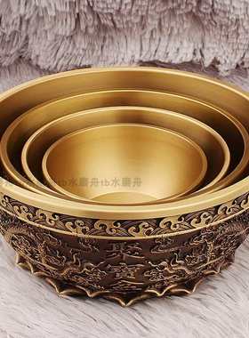 22cm双龙聚宝盆纯铜摆件家用二龙戏珠黄铜米缸客厅玄关招财装饰品