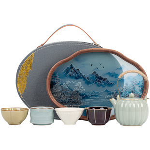 国潮五大名窑中式功夫茶具套装陶瓷茶壶茶杯便携茶盘茶艺组合新款