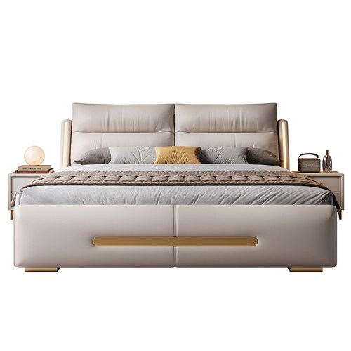 意式真皮床2米x2米2主卧大床现代轻奢高级感1米8皮艺软包储物婚床