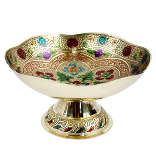 印度风尚 进口高脚碗果盘装饰碗铜碗彩釉传统手工艺品铜雕餐具