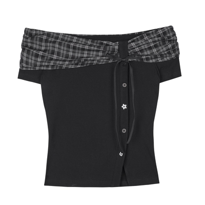 SagiDolls少女斗志 #风吹半夏#甜美纯欲格纹蝴蝶结一字领上衣显瘦