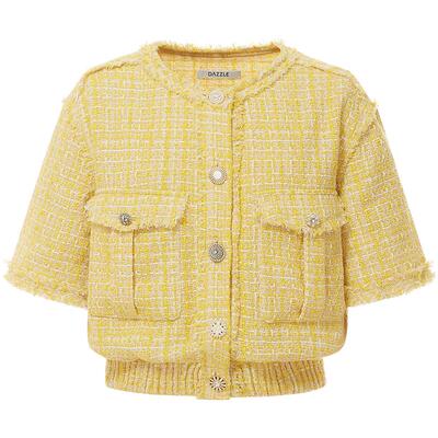 DAZZLE地素奥莱小香风优雅羊毛混纺粗花呢短袖外套上衣女