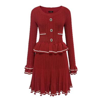 FLONAKED 新款重工水钻高腰荷叶边修身针织连衣裙银泰百货 300170