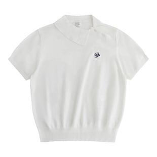 LINHOUSE小众复古白色polo衫夏百搭学院风休闲短袖刺绣针织上衣女