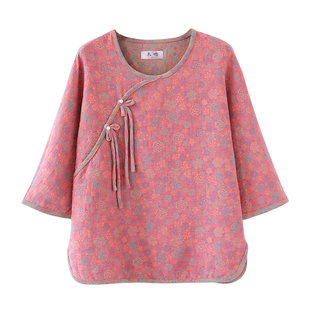 新中式圆领盘扣国风款 色织双层棉纱睡衣女休闲夏季七分袖家居服