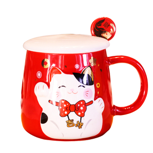 杯子招财猫陶瓷杯带盖带勺女可爱办公室马克杯情侣红色一对创意男