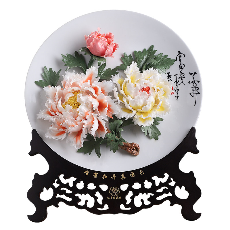 陶瓷牡丹花大号挂盘花开富贵客厅