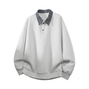 美式白灰色假两件polo衫卫衣男百搭cleanfit格子拼接翻领内搭上衣