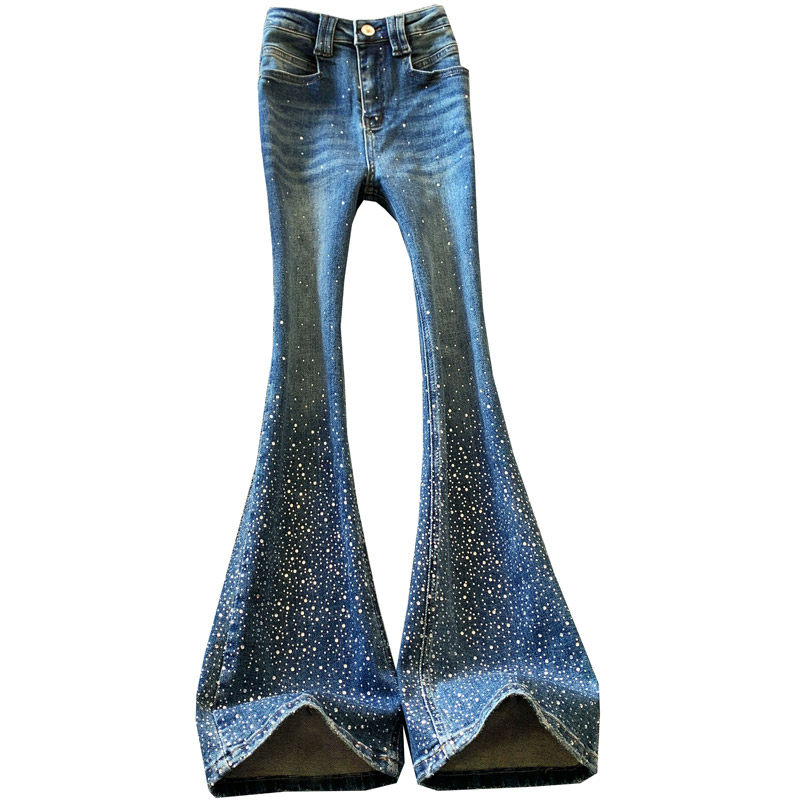 满天星烫钻微喇叭牛仔裤女春季2026新款辣妹高腰显瘦修身马蹄裤子