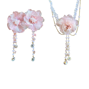 粉色水晶花朵珍珠项链女晚礼服夸张高级感轻奢颈链婚纱配饰choker