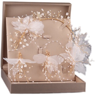 新娘头饰婚纱超仙美三件套装韩式高级感结婚对夹发森系蝴蝶饰品女
