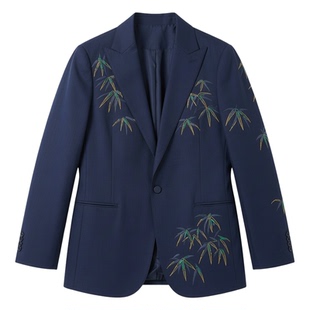 张杰同款黑色高级感国风刺绣西装新中式竹叶西装领休闲高定西服潮