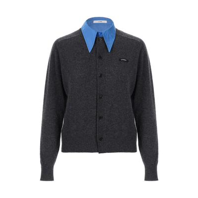 LYNEE miu系衬衫领灰色羊毛针织开衫/羊毛抽绳收脚裤/毛衣套装