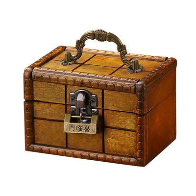 木质仿古手提带锁桌面收纳盒