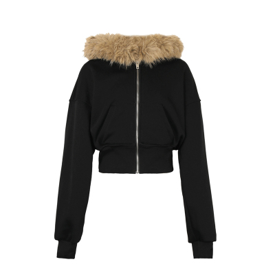 alex tevens复古毛领连帽卫衣拉链外套女冬季黑色加绒保暖短上衣