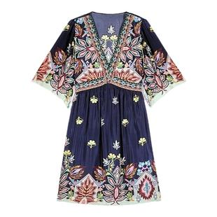 bash春季裙子法式复古度假风印花连衣裙女装V领连身裙1H24LEVI