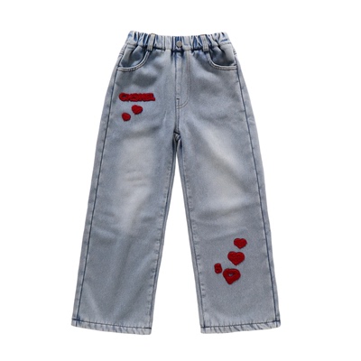 女中大童牛仔裤秋冬款羊羔绒裤腿裤加绒加厚冬季儿童宽松阔腿裤子