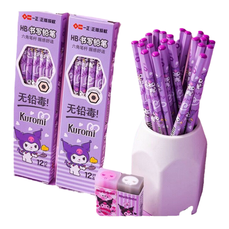 库洛米铅笔六角正姿铅笔小学生可削木头HB铅笔不带皮头练字用kuromi儿童三丽鸥卡通铅笔套装12支不易断铅笔