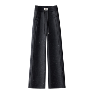 拉夏贝尔黑色裤子女款阔腿裤加绒冬季新款亮闪闪高腰直筒休闲裤子